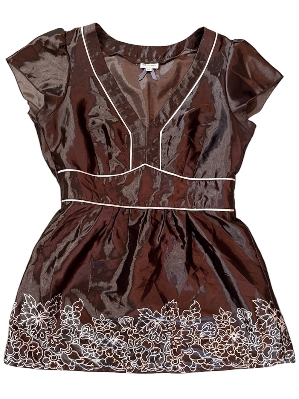 Vintage Dynamite Chocolate Brown Tunic with Light Beige Floral Trim. Small
